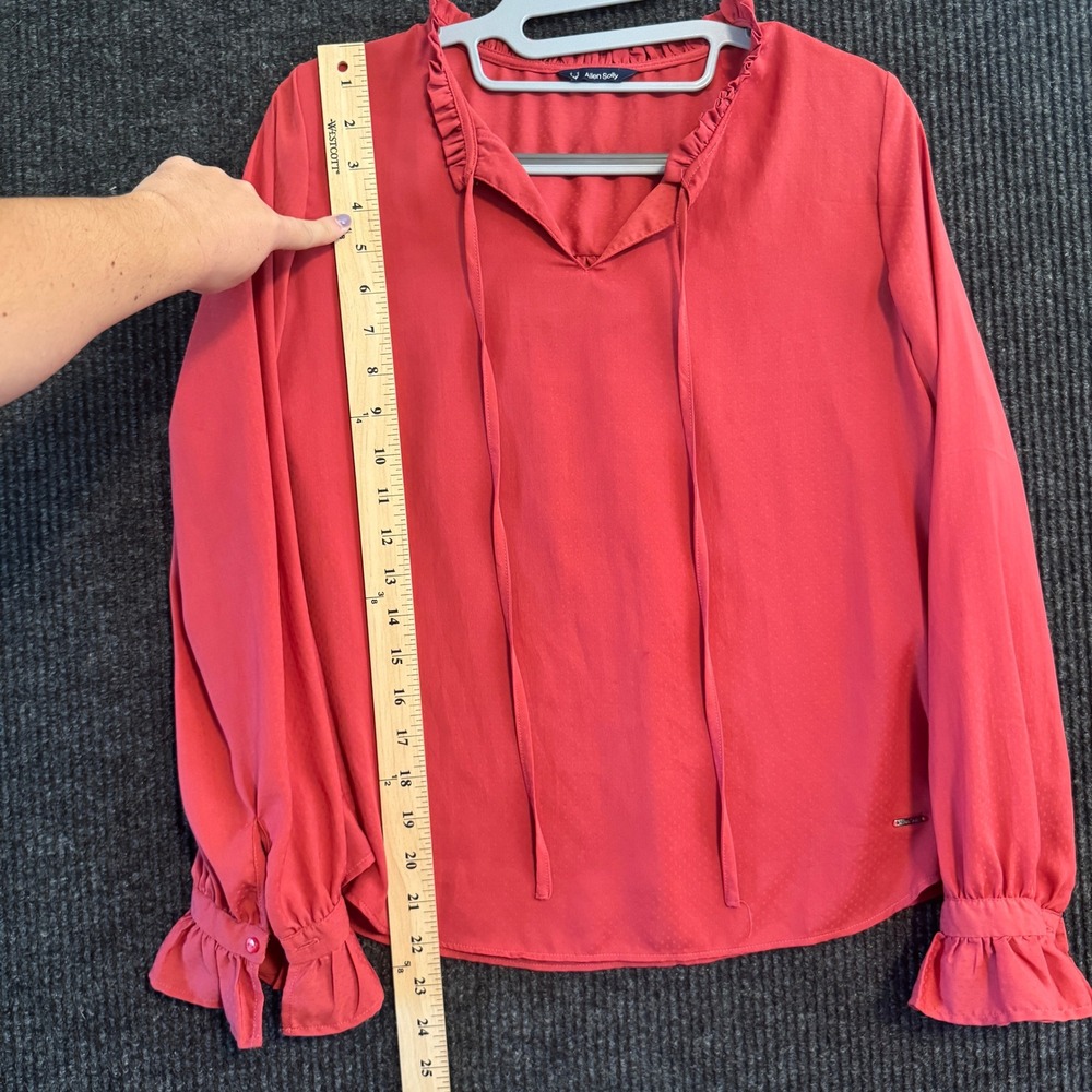 Allen Solly Blouse Women M Coral Pink Ruffle Tie Neck Jacquard Dot Long Sleeve - Picture 9 of 9